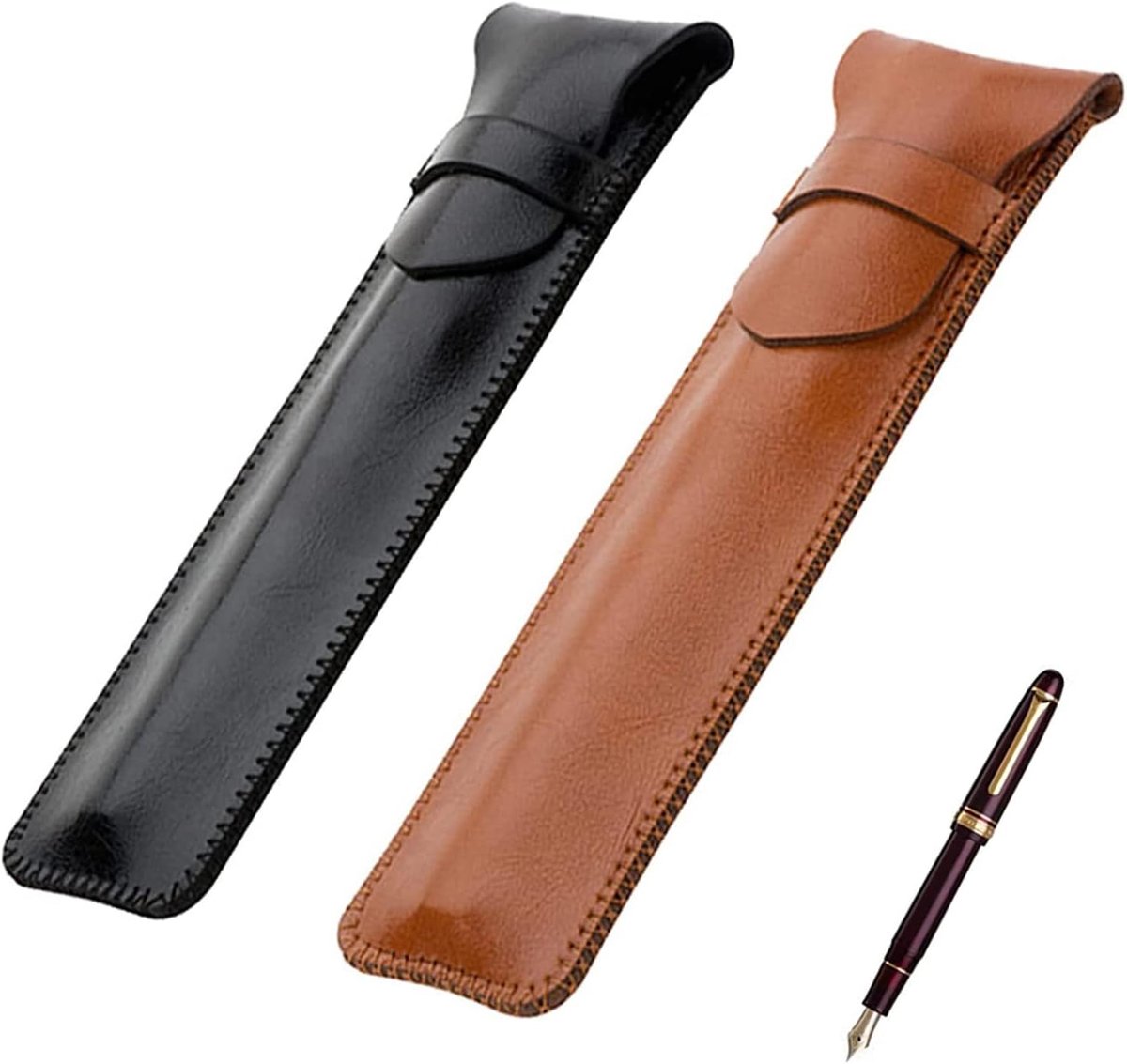 2 stuks 15 * 4cm handgemaakte pen doos, handgemaakte pen doos, echt lederen pen doos, retro pen tas, lederen pen doos, retro lederen pen doos, appelpotlood - zwart en bruin