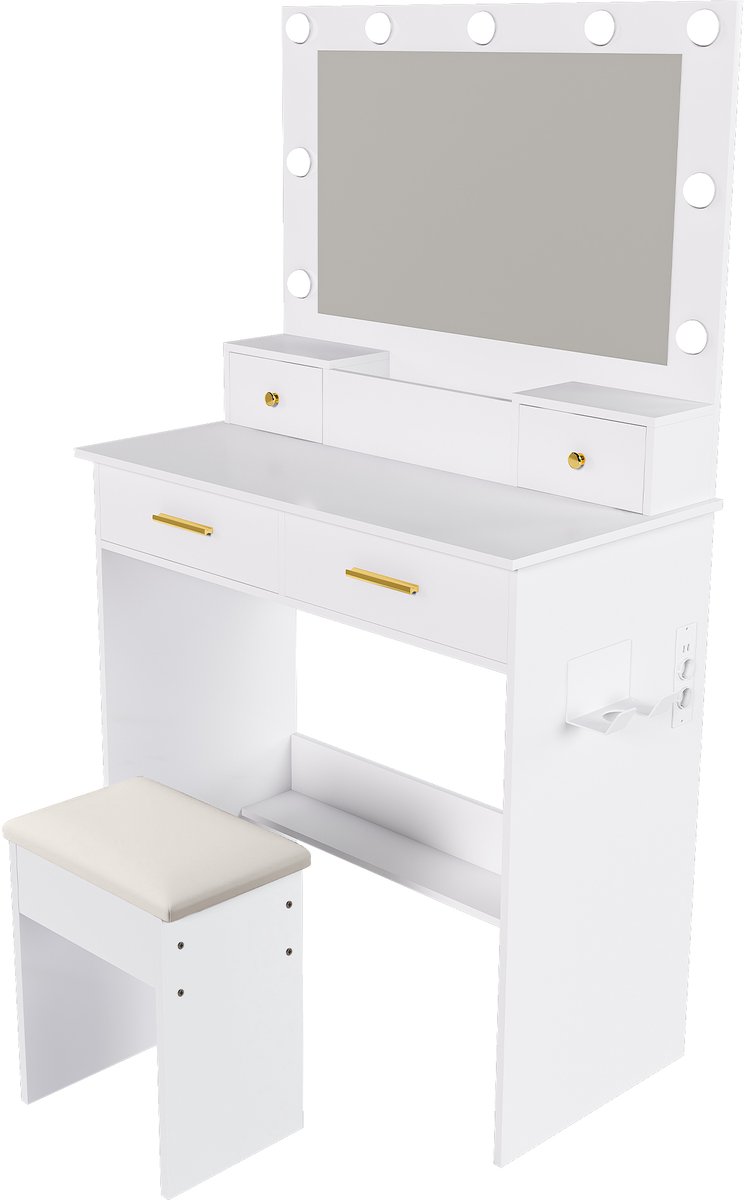 Kaptafel Met Spiegel - Make-uptafel Met Drie Ledlichtkleuren En Stopcontact - Vier Laden En Opbergmand - Voor Slaapkamer - Wit MDF Met Kruk