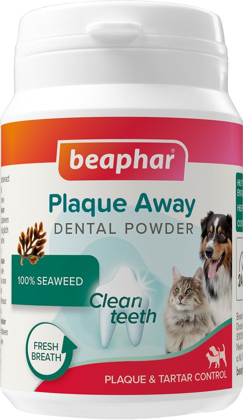 Beaphar Plaque Away tandpoeder met 100% zeewier voor schone tanden en frisse adem, met afbeelding van een hond en een kat.