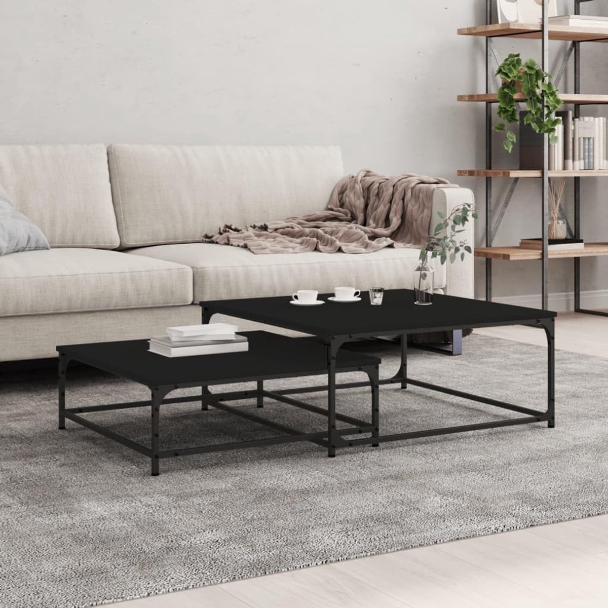 Woonkamertafel, salontafel, woonkamerdecoratie, set tafels, 2 stuks, zwart houtmateriaal voor woonkamer, kantoor, slaapkamer