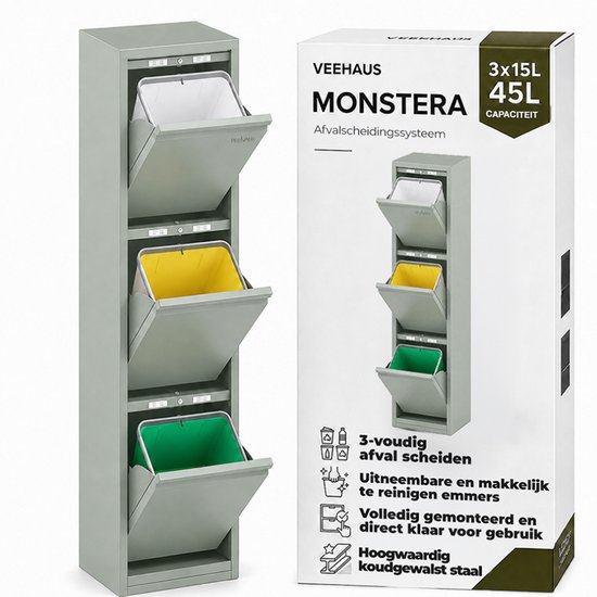 Veehaus Monstera afvalscheidingssysteem, 3x15L, met drie uitklapbare groene, gele en witte bakken.