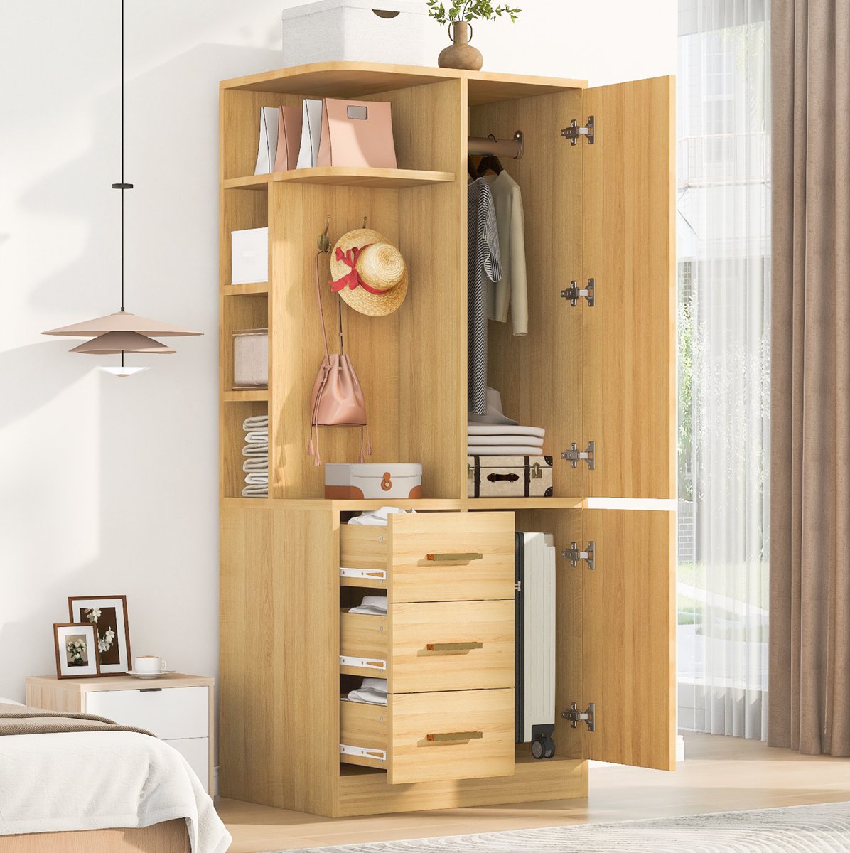 MODENUIT Kledingkast - 1 Deur Met Lades En Hanggedeelte - Slaapkamer - Houtkleur - 70x50x170 Cm