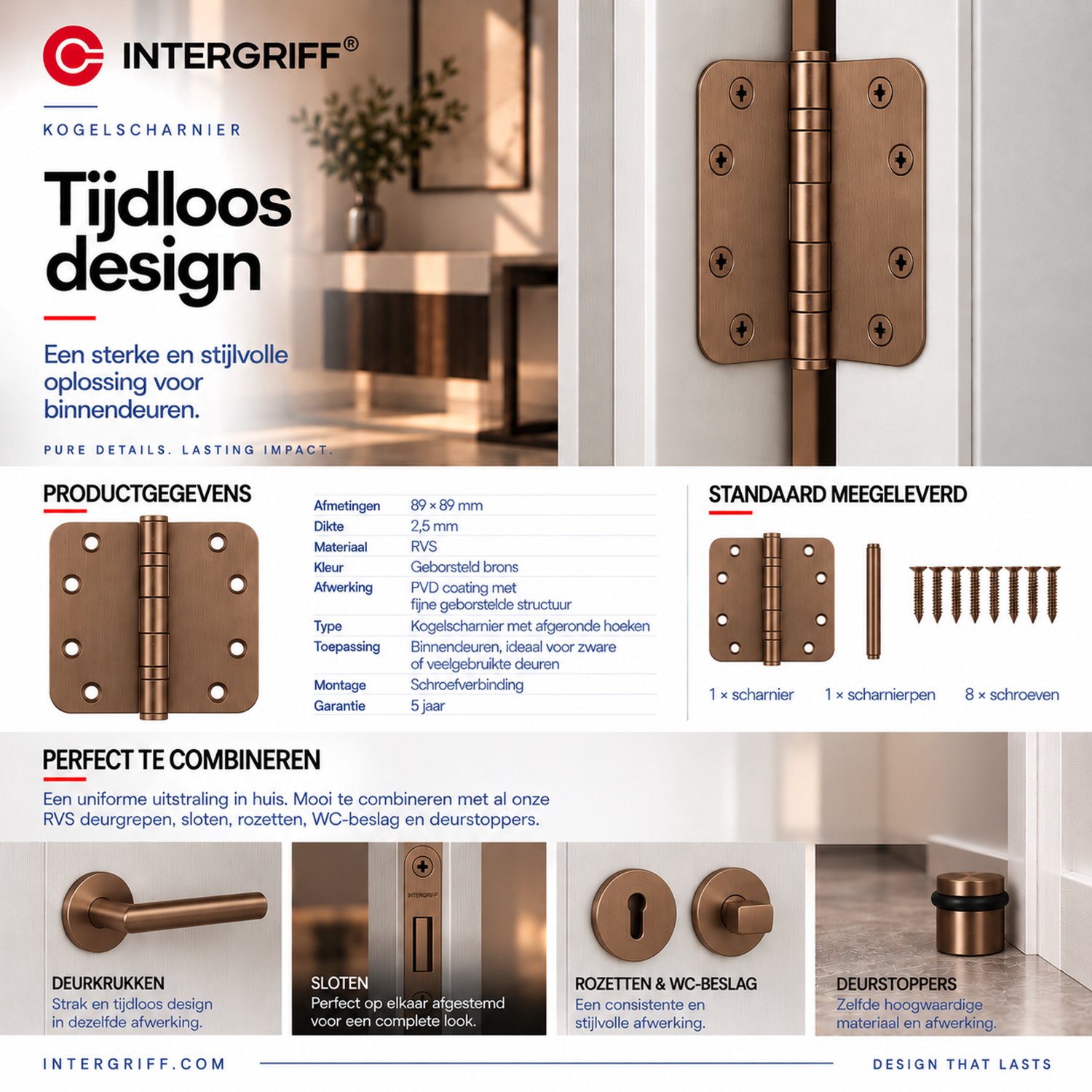 Kogelscharnier afgerond 89x89x2,5mm brons geborsteld PVD gecoat