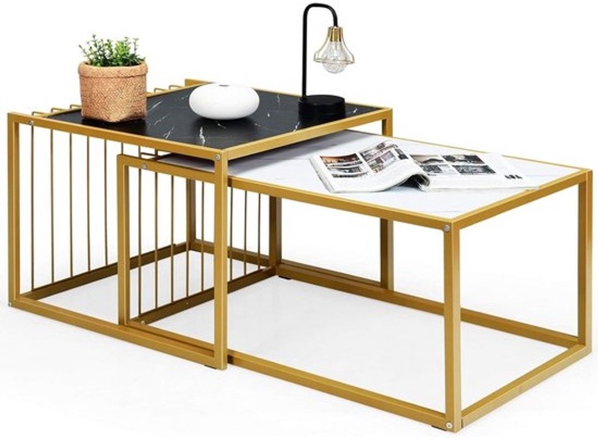 Set van 2 vierkante salontafels - Marmerlook - Gouden frame - Nestelbaar - Ruimtebesparend