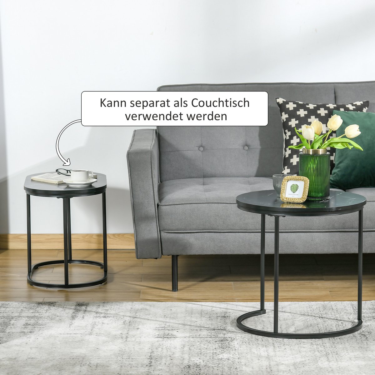 Homona Salontafel set van 2 - Stapelbaar - Met marmorlook - Ø50 x 50,5 cm en 60 x 36 x 43,5 cm - Zwart