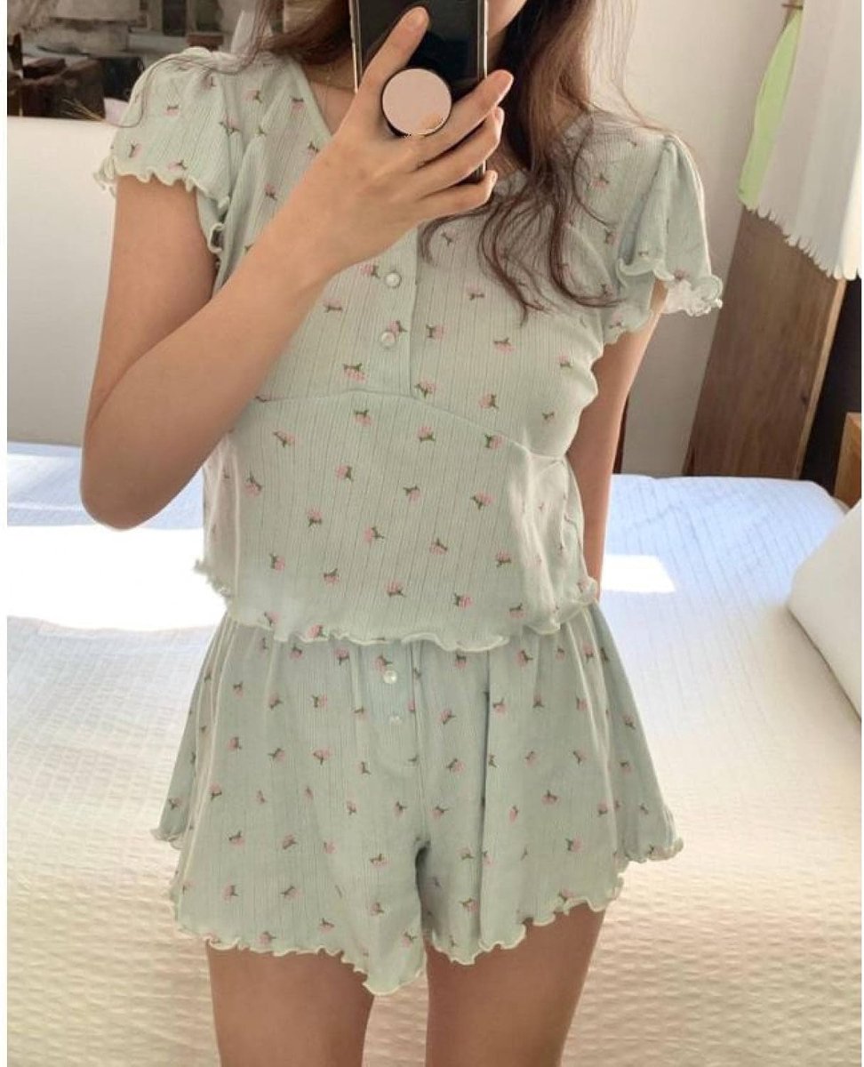 Pyjamaset Met Ronde Hals Voor Dames - Lentemode Lief Meisje Kleine Bloemenprint Nachtkleding, Zacht Chique Prinsessenstijl Nachtkleding Met Korte Mouwen Homewear Ademend Slaapshirt Zustersou