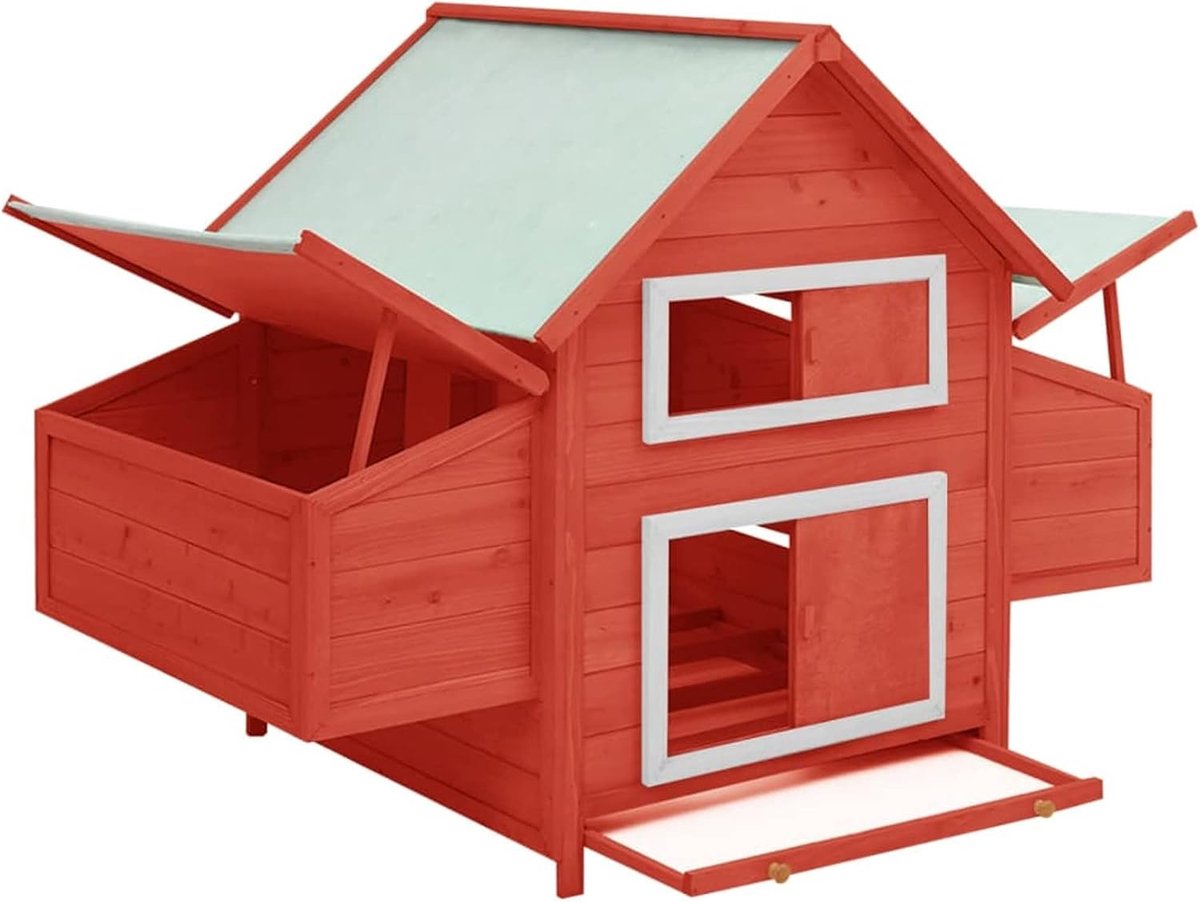 Kippenhok van hout, kippenhok voor tuin, kippenkooi, kippenhok voor buiten, kippenhok voor kippen, multifunctioneel kippenhok, rood en wit, 152 x 96 x 110 cm van massief sparrenhout
