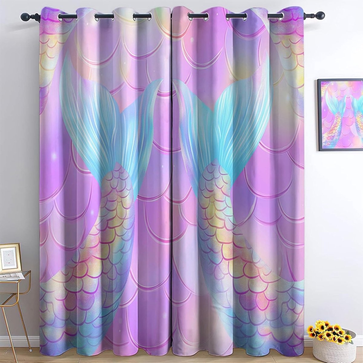 Woondecoratie oogje B 140 cm x L 259 cm (2 panelen) thermisch geïsoleerde gordijnen fantasie visstaart droom bedrukt voor meisjes slaapkamer roze marineblauw
