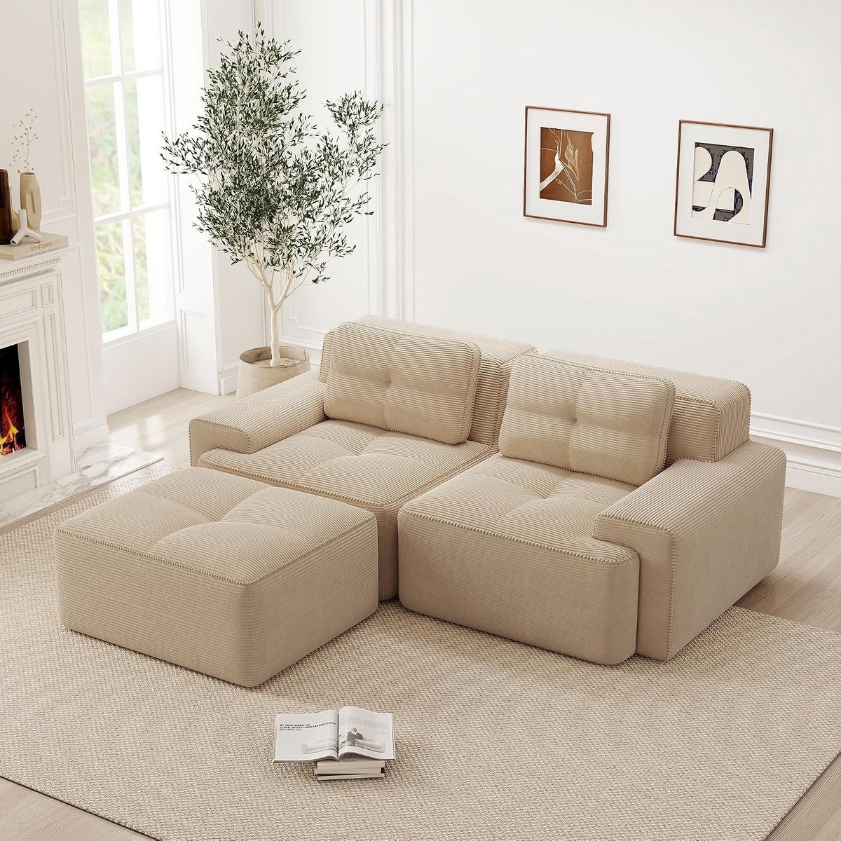 Moderne modulaire bank in L-vorm voor woonkamer, diepe zitting, comfortabel, corduroy met poef, tweezitsbank, getuft