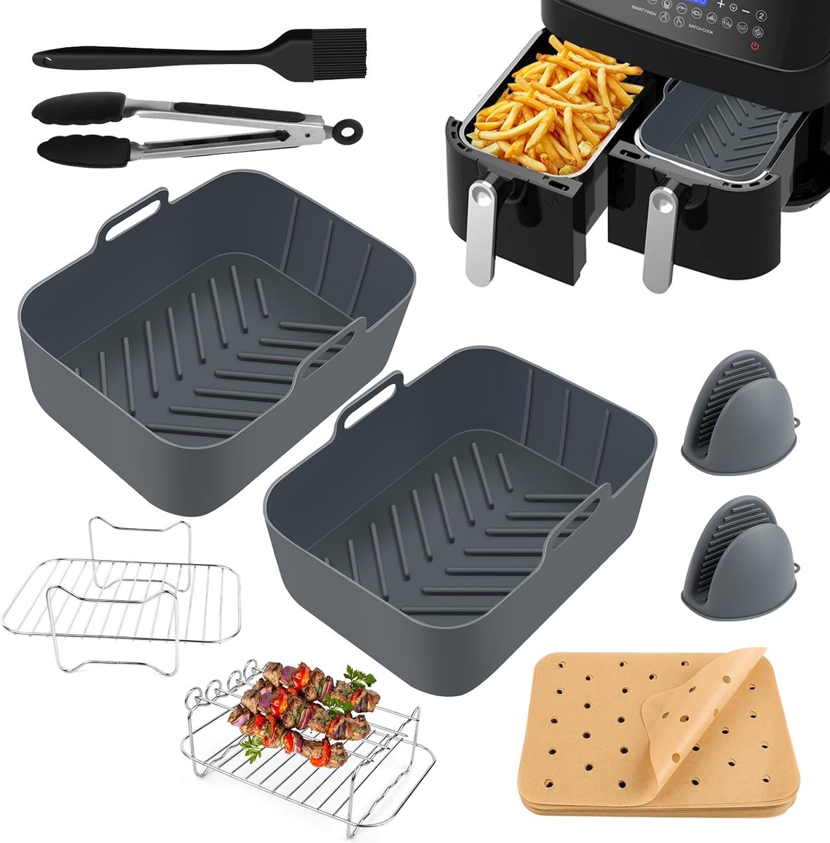 10xSet heteluchtfriteuse accessoires, airfryer accessoires, 150 praktische papieren inlegstukken, accessoires voor elektrische keukenapparatuur, 2 stuks siliconenvormen voor heteluchtfriteuse, grijs