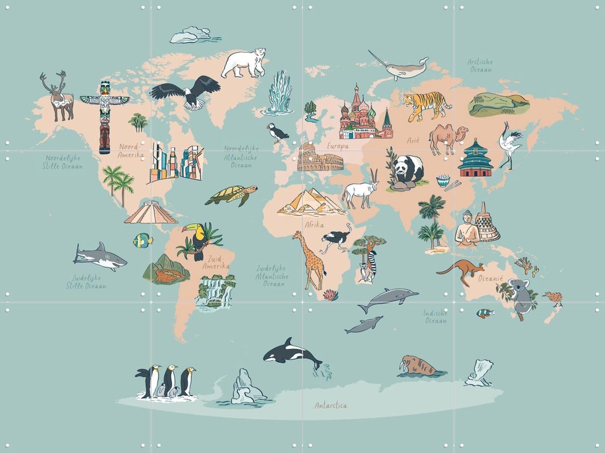 IXXI Worldmap Kids, Revista Ontwerp & Kunst in Kaart - 80 x 60 cm - Gratis ophangtool - Grote wanddecoratie en posters - Illustraties, Cartoonesk