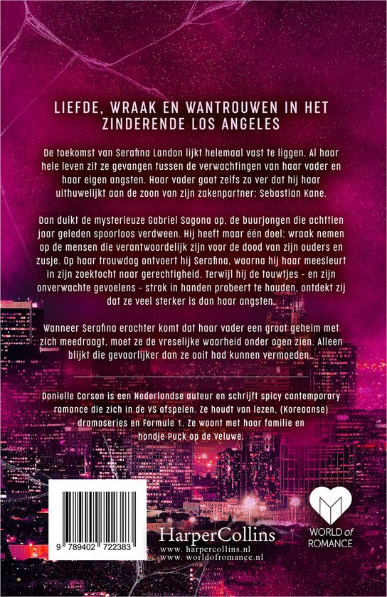 Boekomslag met tekst 'Liefde, wraak en wantrouwen in het zinderende Los Angeles'. Achterkant met boekbeschrijving en ISBN.