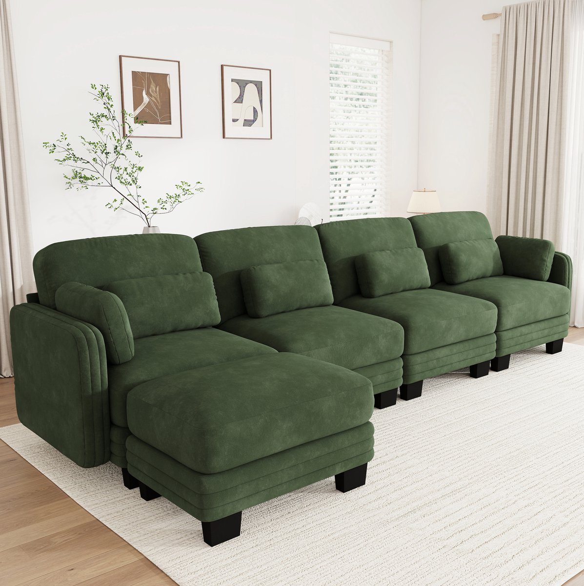 REDOM Hoekbank - 4 zitplaatsen - L-vormig modulair ontwerp - Ottomane en verstelbare lenden- en armkussens - Chenille - Groen - 330 x 143 x 88 cm