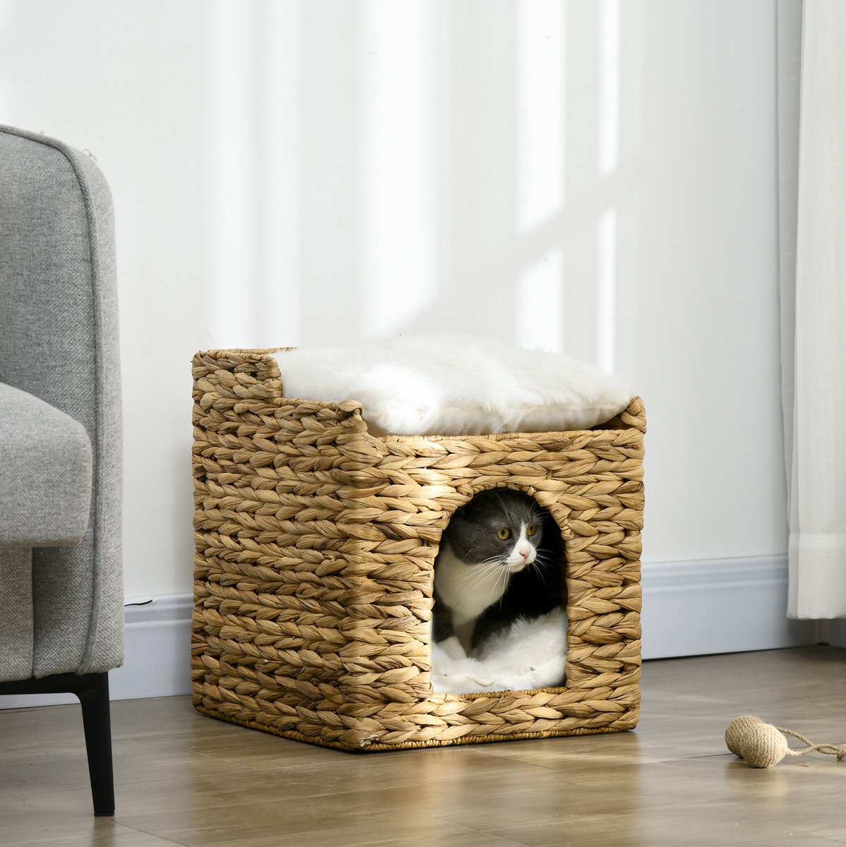 REDOM - Kattenhol - Twee ligplaatsen - Gevlochten waterhyacint - Spaanplaat - Bruin - 37,5 x 37,5 x 41,5 cm