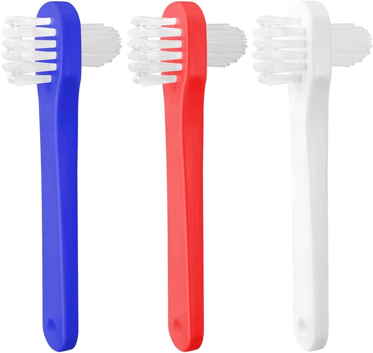 3 Stuks - kunstgebitborstels - T-vormige reiniger met dubbele kop en meerlaagse, harde borstelharen - rood, wit, blauw - Protheseborstel - Tandenborstel - Prothese borstel - Draagbare Dentuurreinigingsborstels - Dubbelzijdige Dentuurborstel