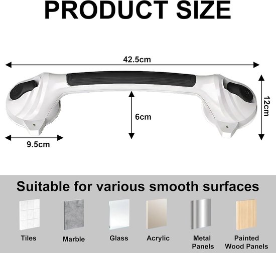 Verwijderbare Douchehandgreep voor Senioren, 42.5 cm, Max. 110 kg, Zuignap, Veiligheidssteun, Badkamerhulp, Antislip Handvat — afbeelding 4