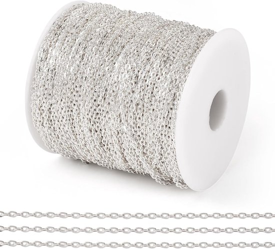 328 Feet Zilveren Platte Ovalen Schakel Kabel Ketting met Spoel voor Sieraden Maken, 3x2x0.6mm, Ideaal voor DIY Projecten en Creatieve Ontwerpen — afbeelding 2