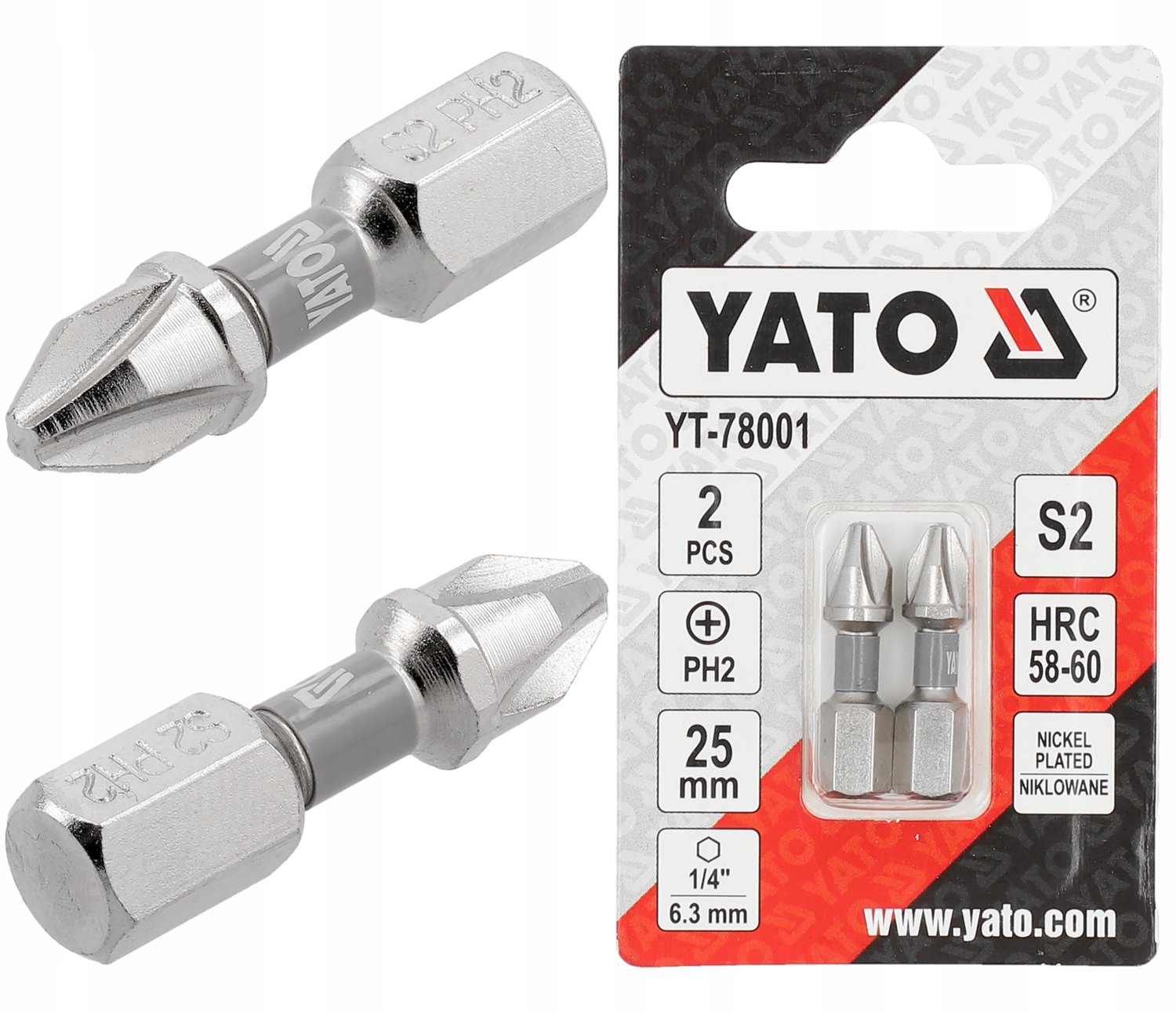 Yato Schroefbits PH2 1/4" 25mm Nikkel - 2 Stuks