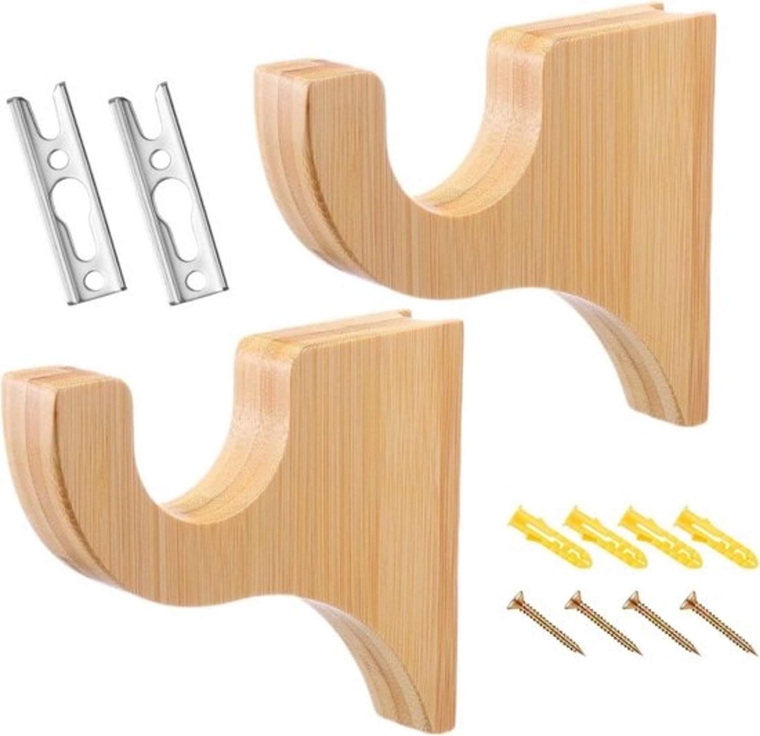 Houders voor gordijnroede - Ophanghaken - Ruimte organiseren - Massief houten constructie - 2 stuks - Houtkleur