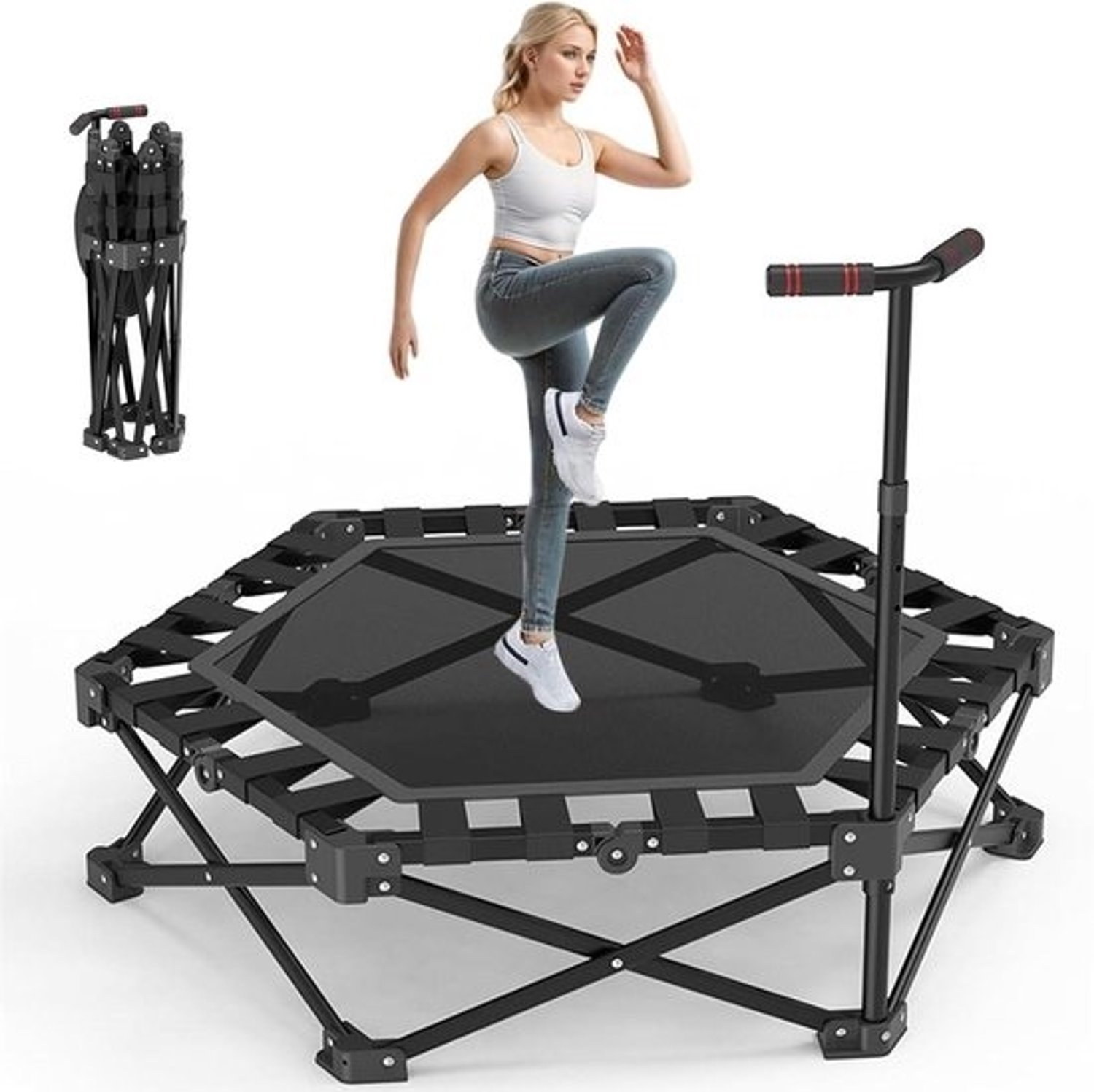 Opvouwbare trampoline - Mini-fitnesstrampoline - Thuiswork-out - Verstelbare handgreep - Tot 400 kg - Zwart