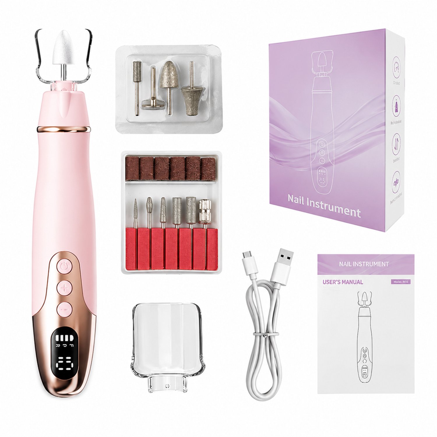 Elektrische nageltrimmer - oplaadbaar - meerdere snelheden - voor dagelijks, thuis en commercieel gebruik - roze M16 kunststof uitvoering met 10 slijpkoppen