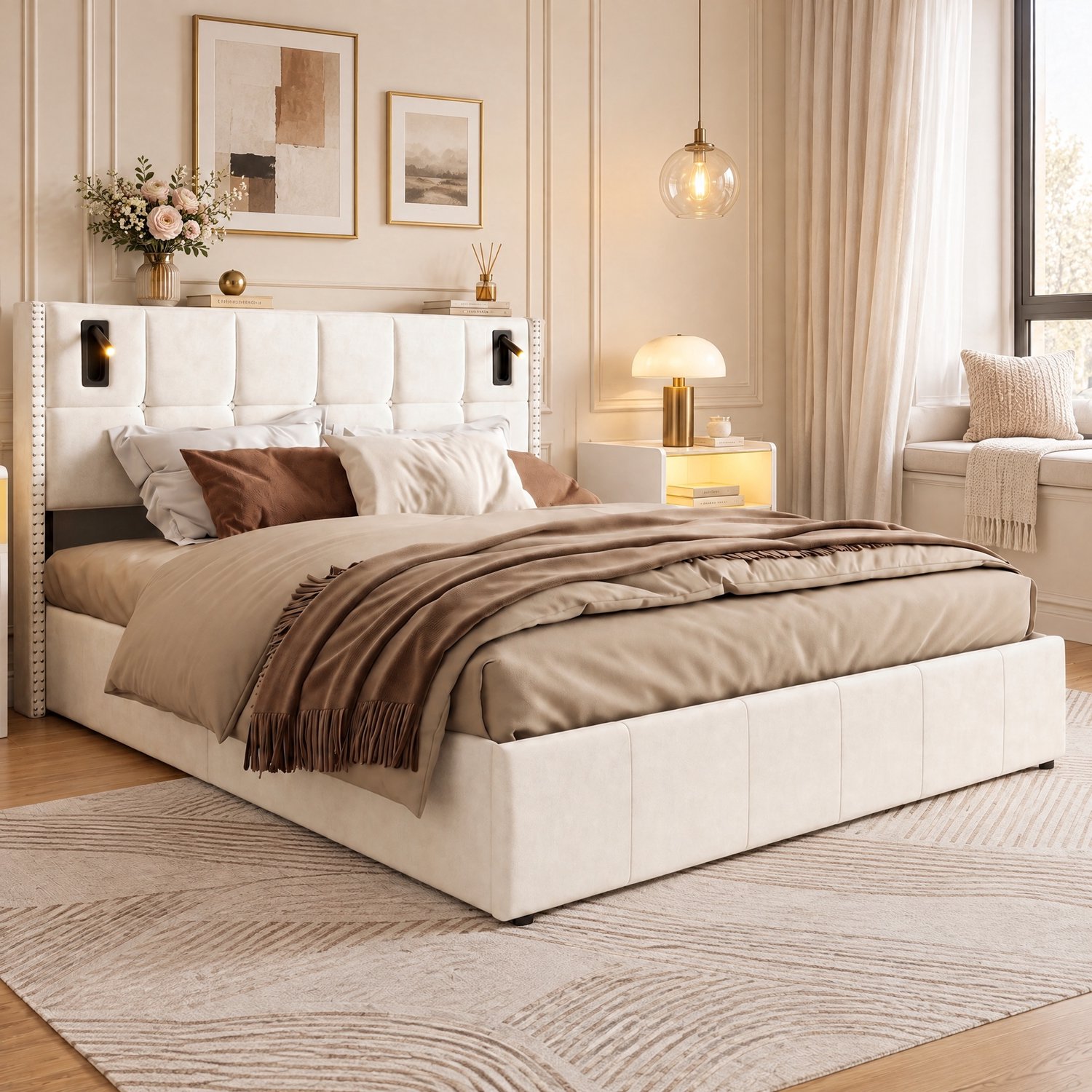 Opbergbed 140x200 cm met leeslampje, Tweepersoonsbed gestoffeerd met opbergruimte in de bodem, hydraulische opbergfunctie, bedden en bedframes voor volwassenen en tieners, lattenbodem, fluweel Beige