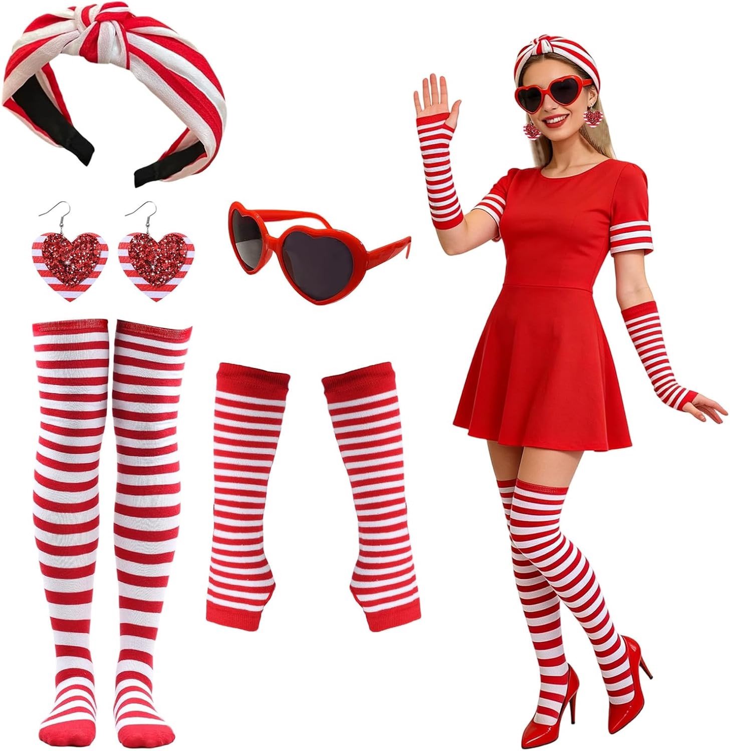 Carnaval Kostuum voor Vrouwen met Hoofdband, Handschoenen, Kousen en Hartvormige Bril in Rood en Wit