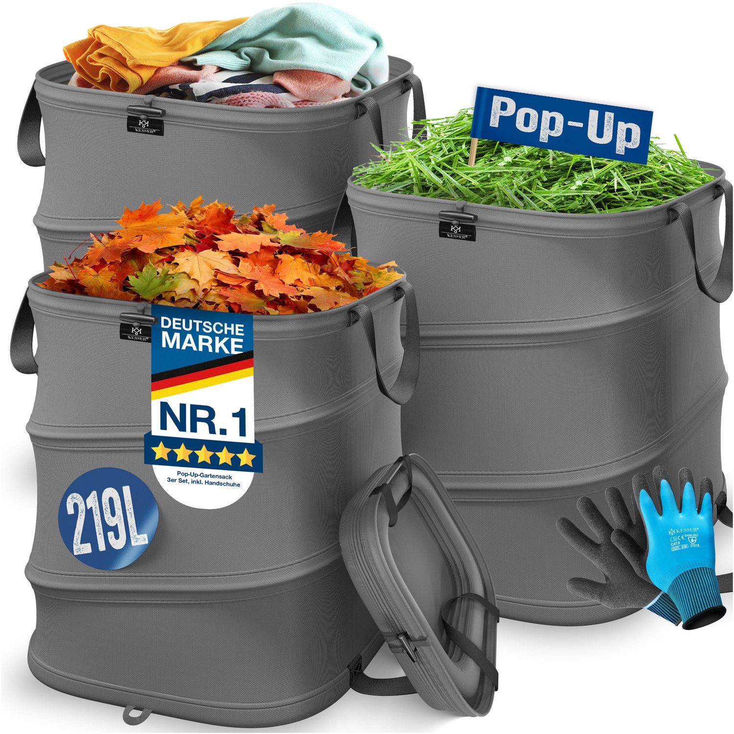 KESSER® Pop-up tuinzak set van 3 x 219 liter - Zelfstaand en opvouwbaar - Antraciet/zwart