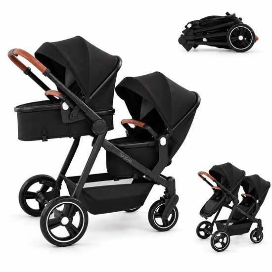 Lunola Noah Duo Kinderwagen - Dubbele Buggy voor Tweeling of Baby en Peuter - Afneembaar Zitje - Compact en Opvouwbaar - Zwart — cadeau in Cadeau-ideeën - foto 8