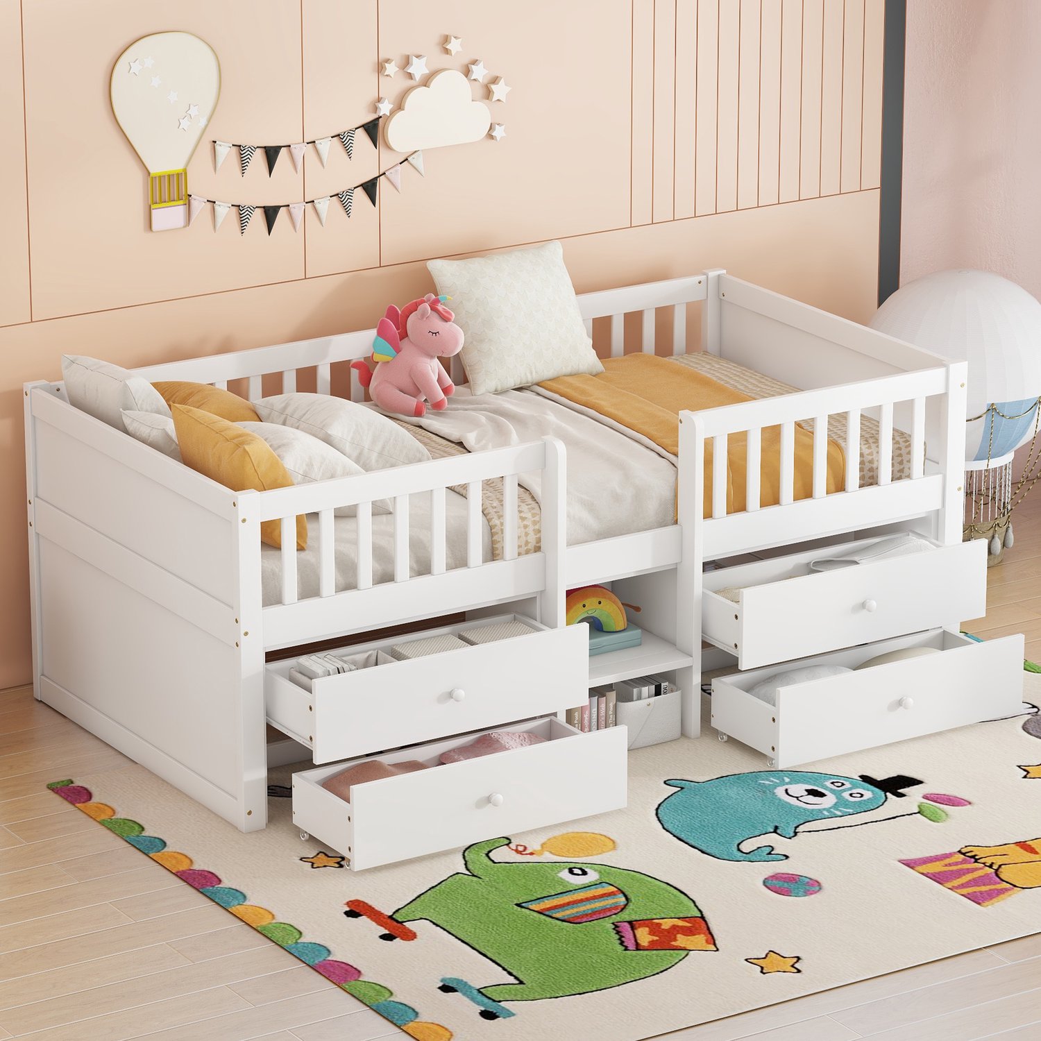 MODENUIT Halfhoogslaper 90x200 cm – 4 Laden en Ladder – Veiligheidshek Rondom – Kinderkamer – Grenenhout en MDF – Zonder matras – Wit