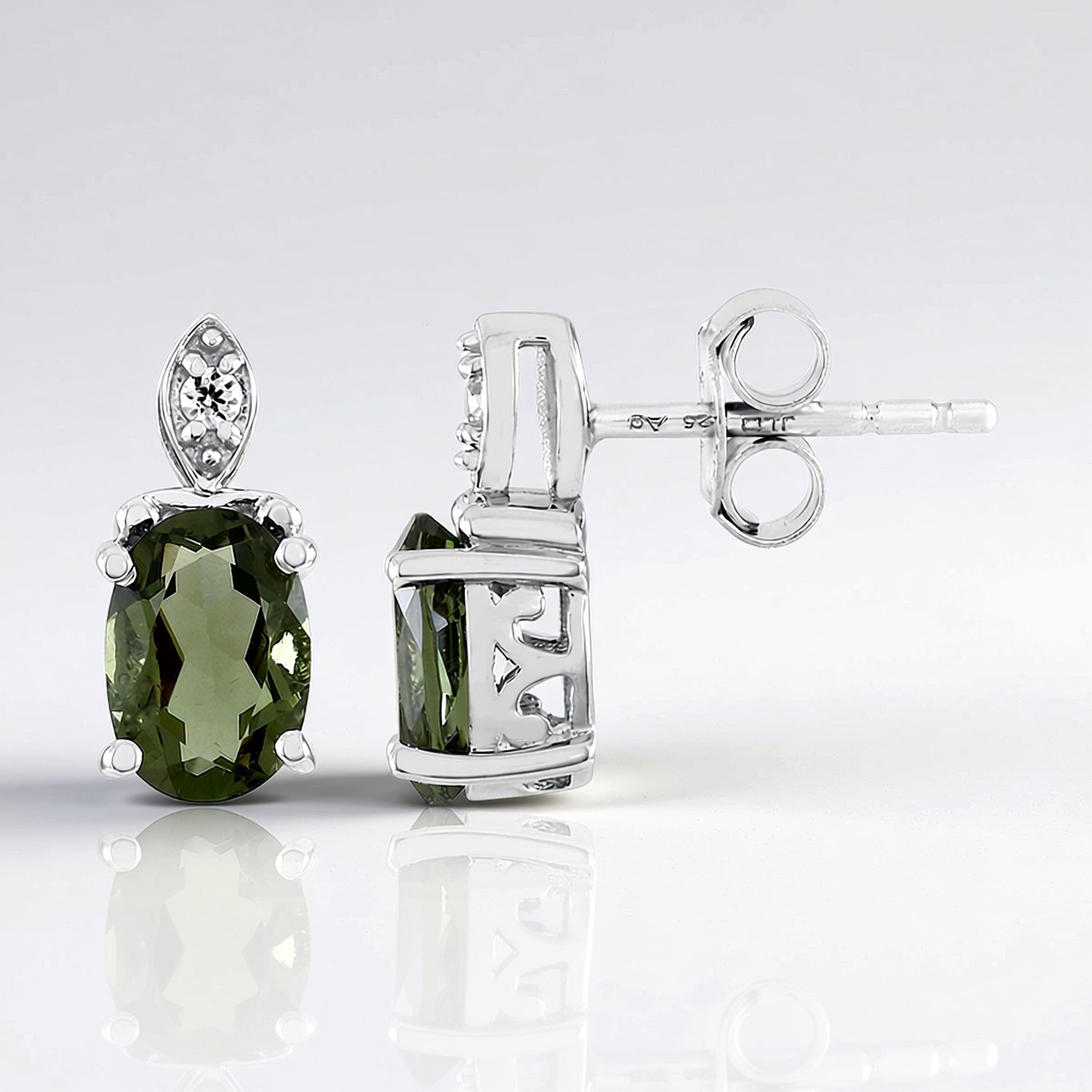 Cavill - Oorbellen 925 Sterling Zilver - Platina Geplateerd - 1.139 ct Ovale Moldaviet Edelsteen - Zirkoon Accent - Elegante Dames Sieraden