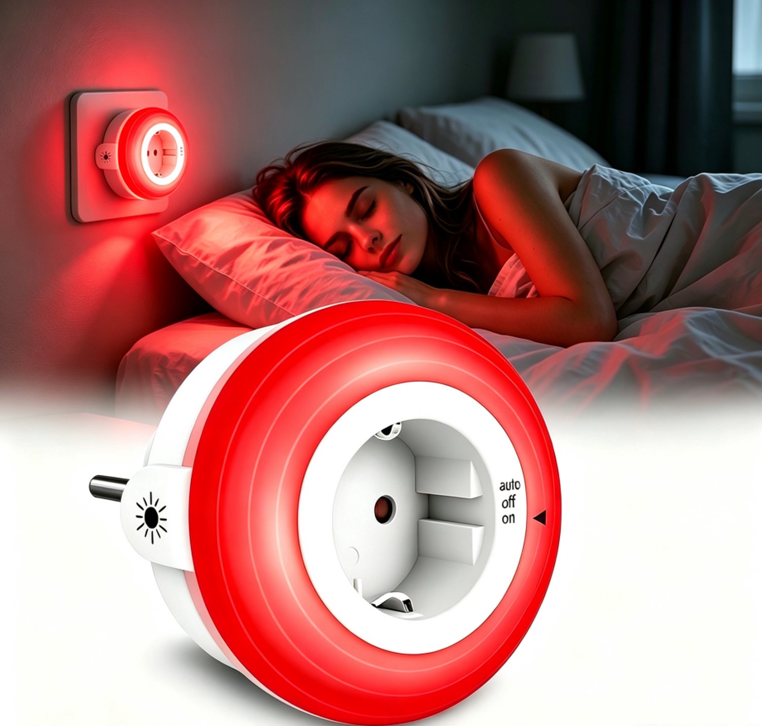 Rood Melatonine Nachtlampje, Automatische lichtsensor, 0% blauw licht, Verstelbare helderheid, ON/AUTO/OFF schakelaar, Slaaphulp voor baby's en nachtvoeding [Energieklasse A+++]