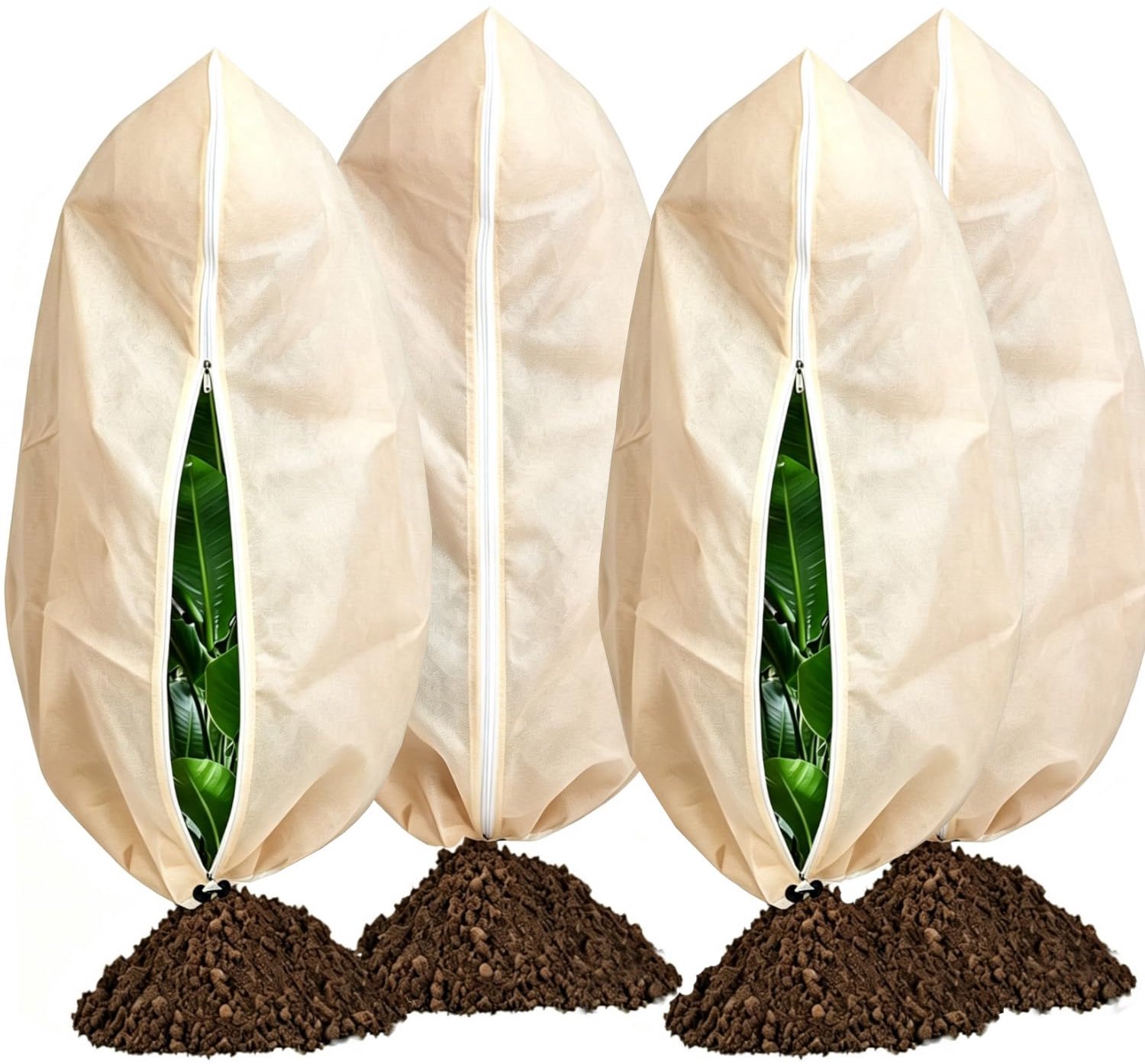 Famanu - Winterbescherming voor Planten - Bescherming tegen kou en vorst - Ademend materiaal met rits en trekband - Beige 4 stuks