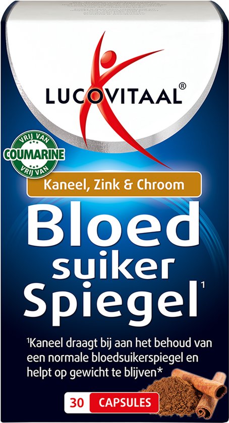 Lucovitaal Bloedsuikerspiegel supplement. Verpakking met kaneel, zink en chroom. Bevat 30 capsules.