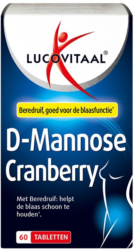 Verpakking van Lucovitaal D-Mannose Cranberry met een rode mannelijke figuur, 60 tabletten.