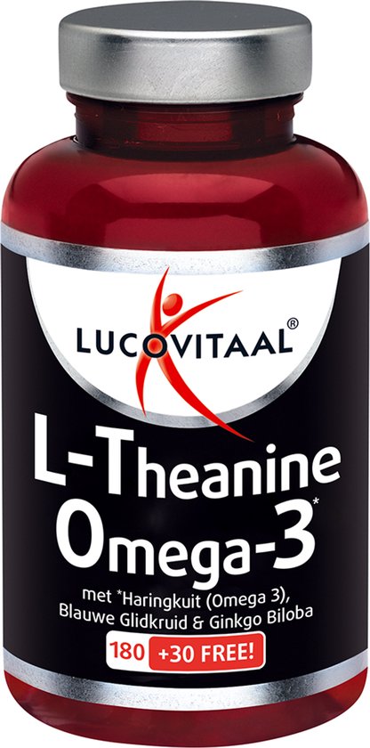 Lucovitaal L-Theanine Omega-3 capsules in een rode pot met zilveren dop. Zwarte label met witte tekst.