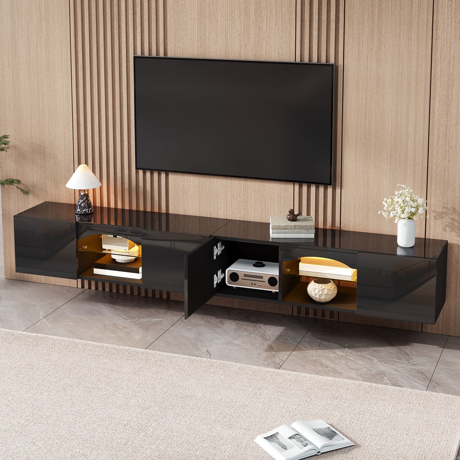MODENUIT Tv-Meubel - Ledverlichting Met Appbediening - Woonkamer - Zwart Spaanplaat - 200x30x28 Cm