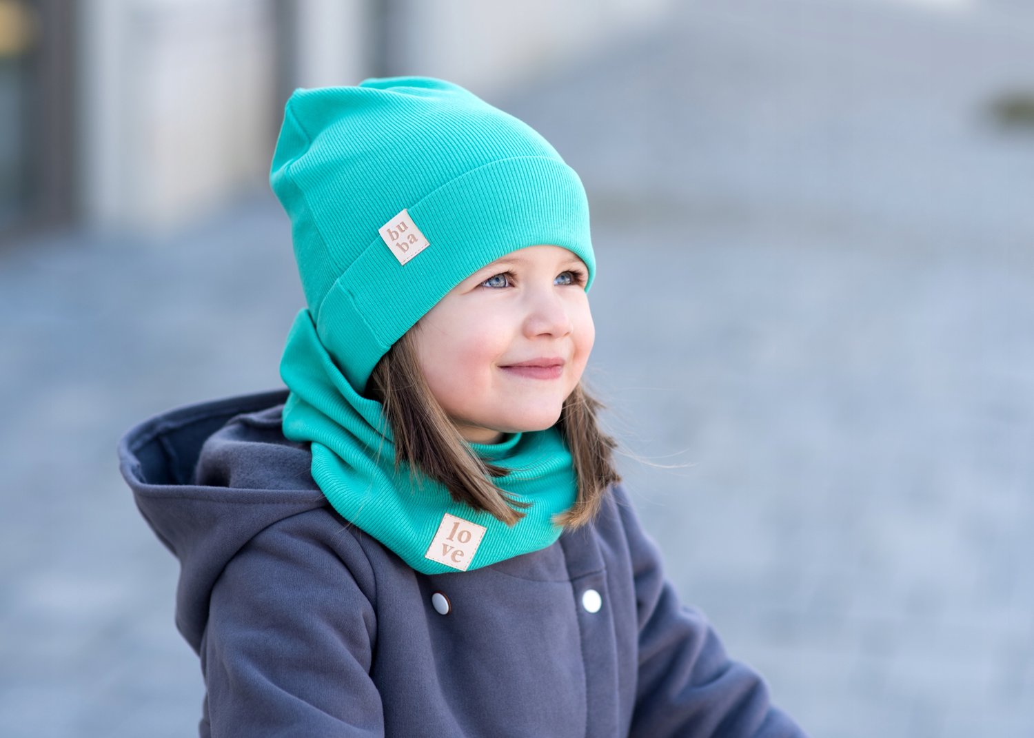 Babymuts met Sjaal - Katoen - Selegroen - 36-40 cm