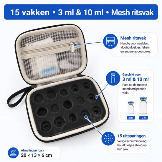 VHV - Peptide case - Insuline Flesjes Opbergtas - Hardcase Reisetui voor 15 Flacons - Schokbestendige Medische Koeltas Organizer met Schuimrubberen Vakken van Vhv — afbeelding 3