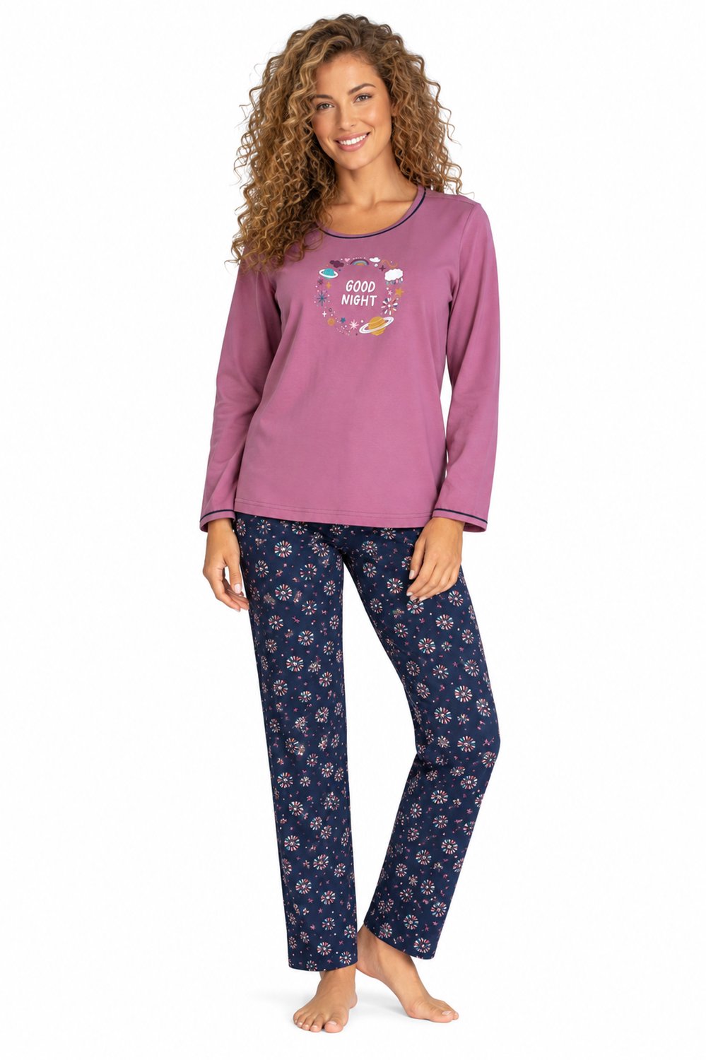 Comtessa - Dames Pyjama - Oudroze en Donkerblauw - Good Night Print - Katoen - maat 48