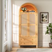 DESMIU Dressoir - Ledverlichting Met Appbediening En Rattanlook - Voor Woonkamer Slaapkamer En Werkkamer - Hout - 76x40x179,5 Cm - Naturel