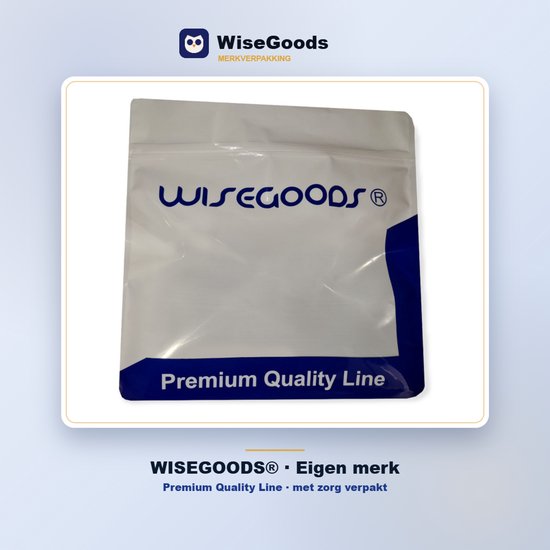 Witte verpakking met blauw logo van WiseGoods, 'Premium Quality Line'.