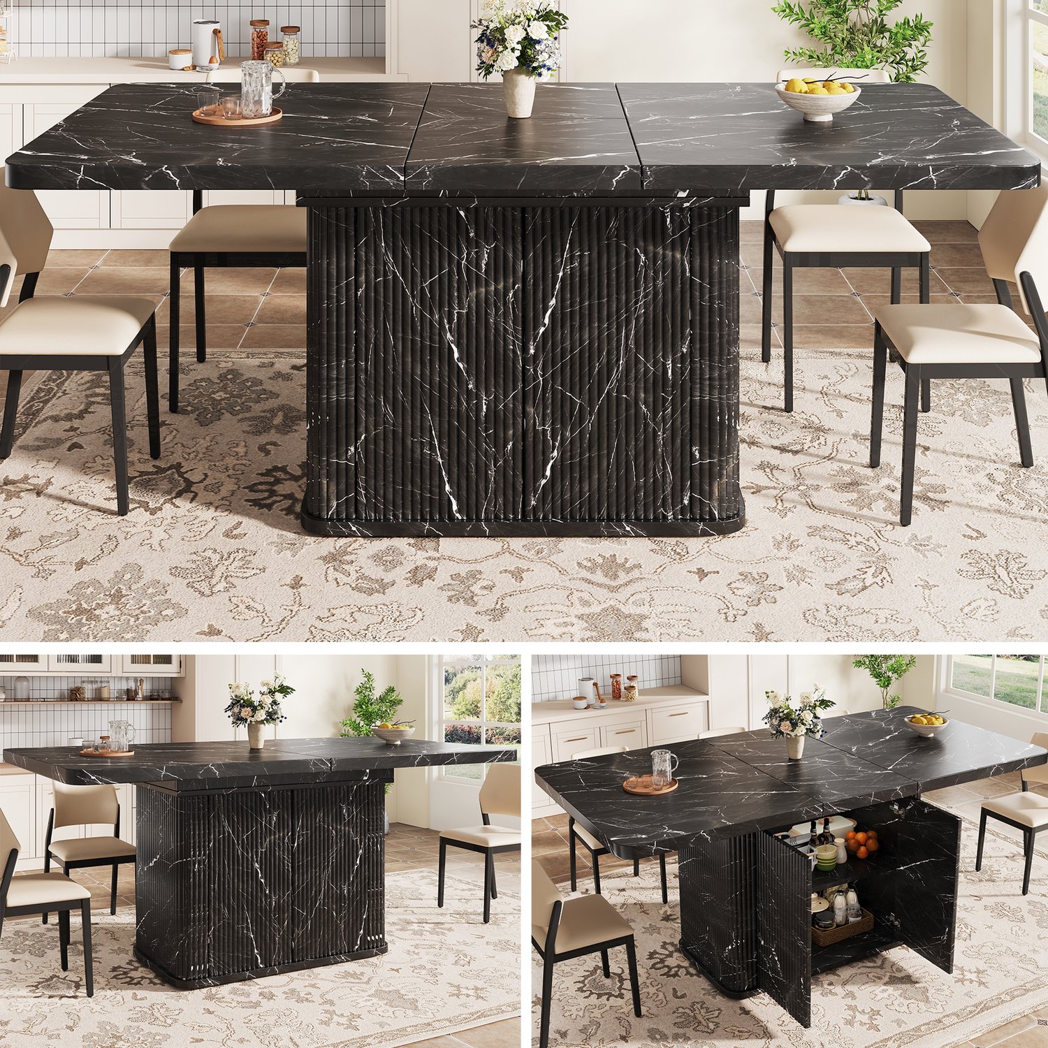 Clruro Eettafel - 140–180×80×76,5 cm - Uitschuifbaar - Verborgen Opbergvak - MDF - Zwarte Marmerlook