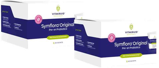 Twee witte dozen Vitakruid Symflora Original pre- en probiotica met blauwe accenten en 60 sachets per verpakking.
