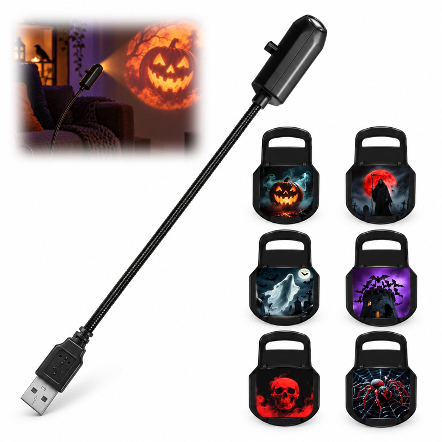 VHV-Projectielamp - Halloween projector - Met 6 dia's - USB - Flexibele hals - 360° draaibaar - Sterrenprojector - Voor muur en plafond - Slaapkamer decoratie - Zwart