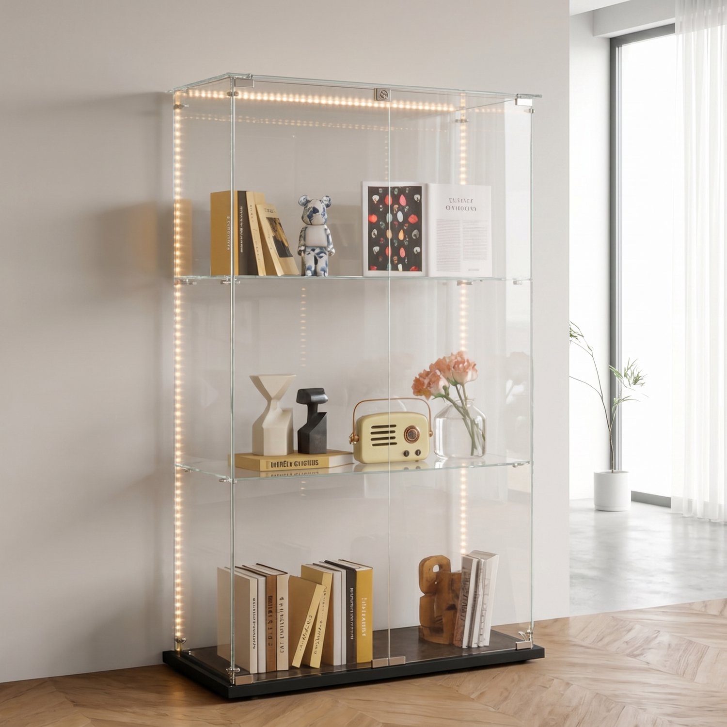 Glazen vitrinekast met LED-verlichting, Grote standvitrine met 3 verstelbare planken en 2 deuren, Moderne display kast voor verzamelingen, Zwart