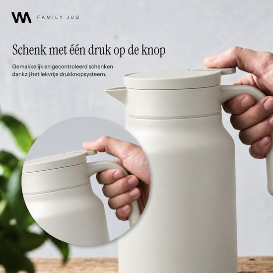 VANN® 3-wandige RVS Thermoskan 1.5L – Isoleerkan – Schenkkan met Drukknop – Voor Koffie, Thee, IJswater & Meer – VANN® Family Jug – Oatstone — cadeau in Koken & Dineren - foto 6