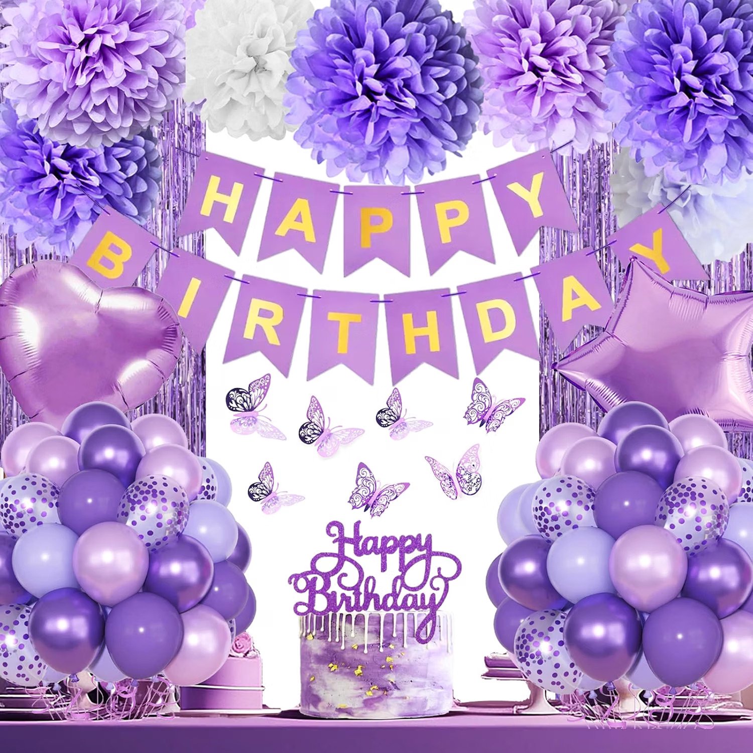 DOWO® Paarse Verjaardagsdecoratie met Ballonnen, Vlinders, Slingers en Franjegordijn – Feestdecoratie – Happy Birthday – Complete Ballonnenset