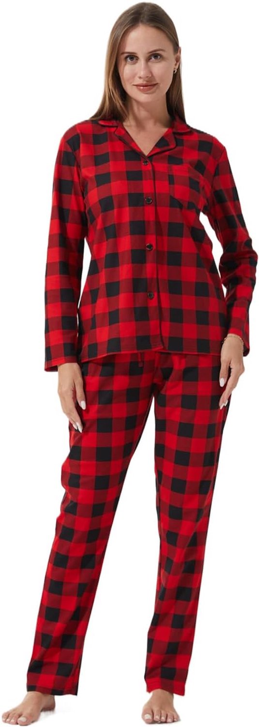 Pyjama voor dames, lange tweedelige winterpyjama, lange bovenstukken, geruit, pyjamabroek, huispak, behaaglijk, Kerstmis, loungeset