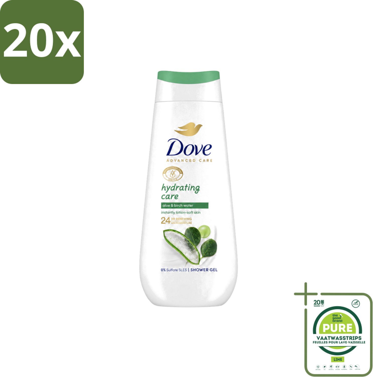 20 x Dove – Douchecrème – Hydrating Care – 225 ml - Grootverpakking - Vaatwasstrips - Douchecrème - Hydratatie - Droge Huid - Mild Douchen - Aloë Vera